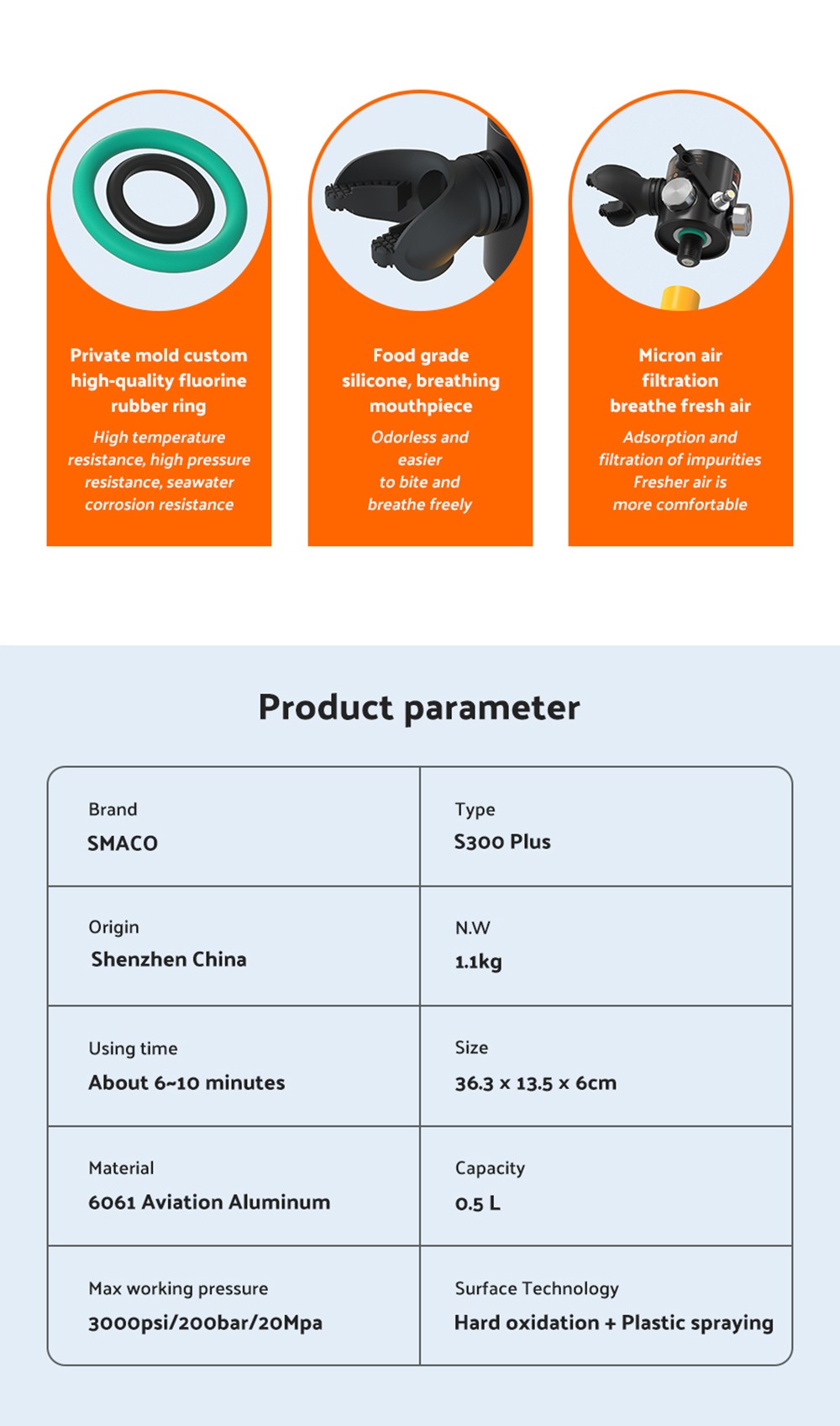 SMACO S300 Plus 0.5L Mini Scuba Tank - Green