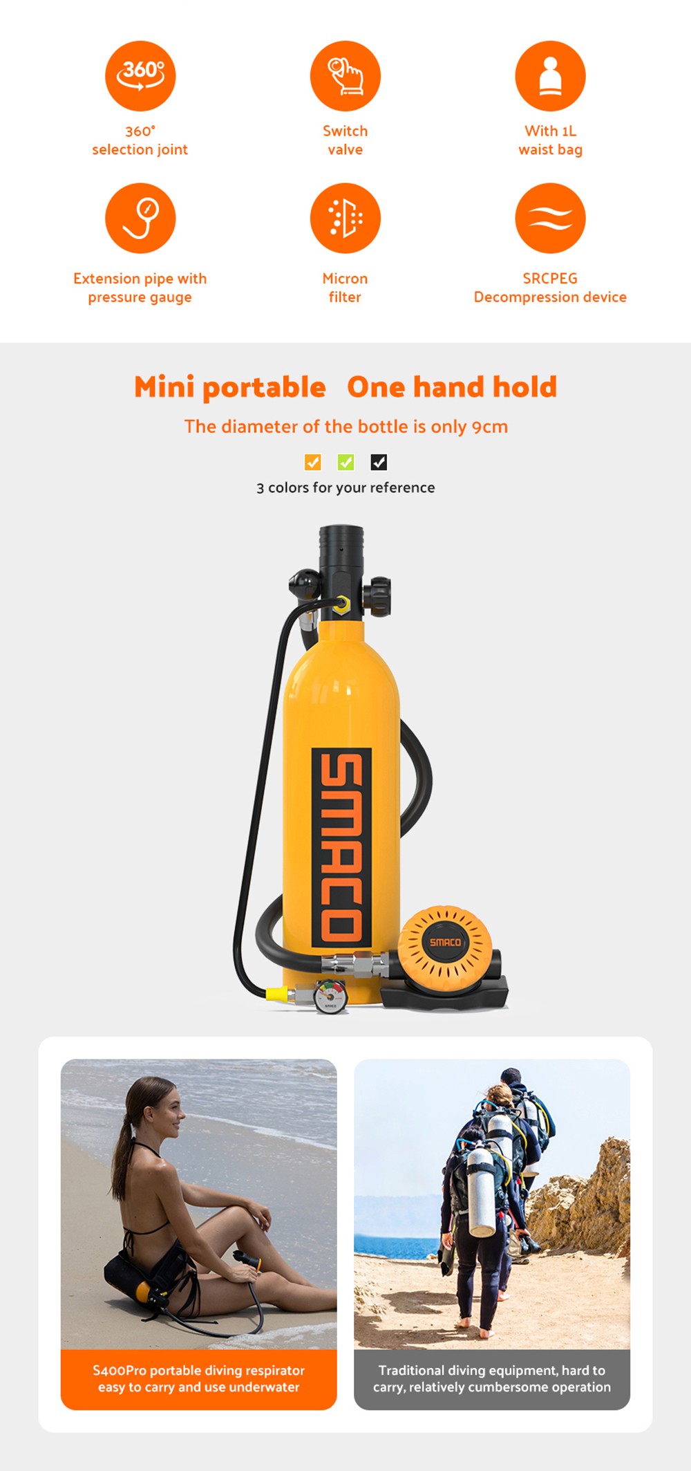 SMACO S400 Pro 1L Scuba Tank - Green