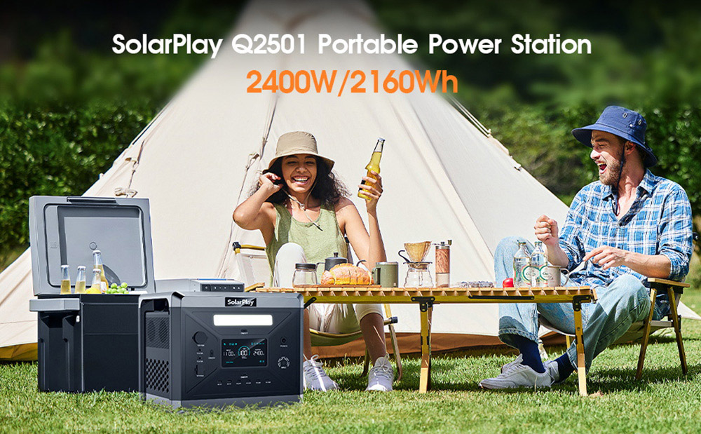 Prenosná napájacia stanica SolarPlay Q2501, 2400W/2160WH lítiová batéria, 12 výstupných portov, plne nabitá za 1.5 hodín, 4 spôsoby nabíjania