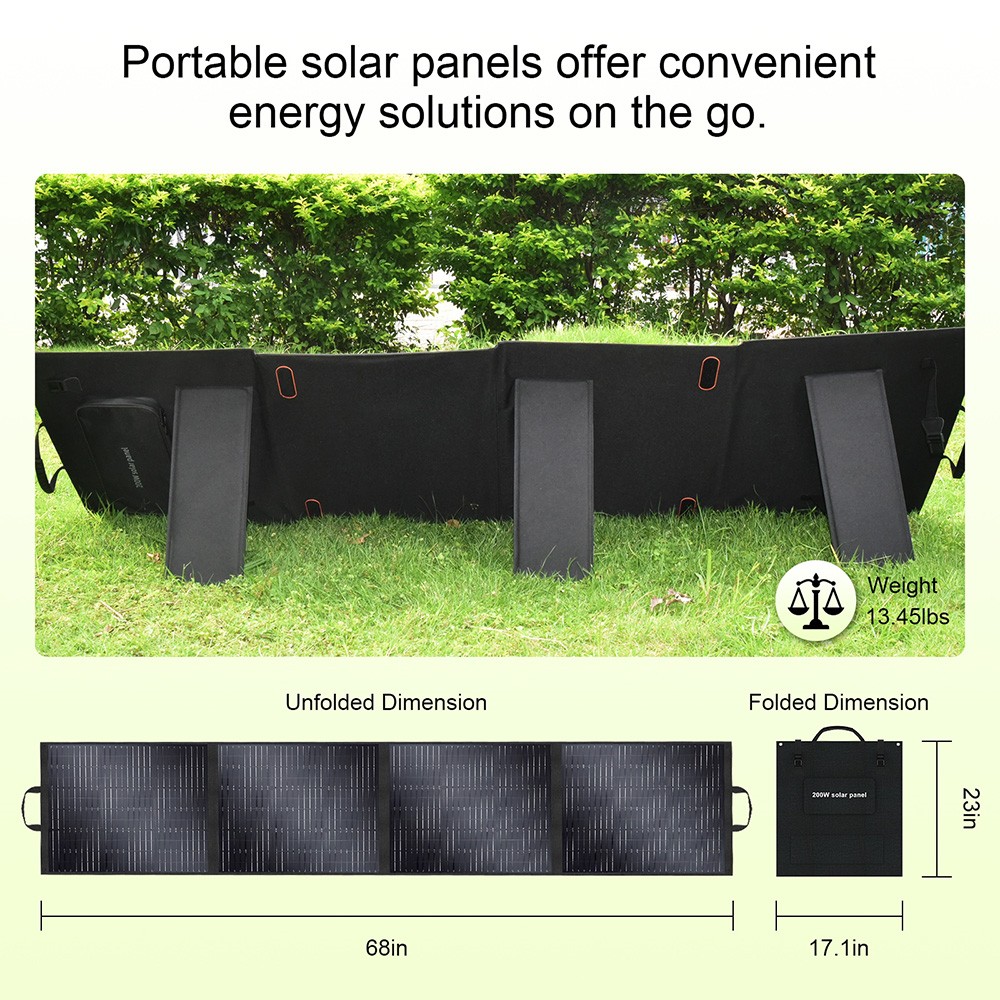 Solárny panel SolarPlay T200, maximálny výstupný výkon 200 W, 23.4% vysoká účinnosť konverzie, IP65 vodotesný & prachotesný, nastaviteľný stojan