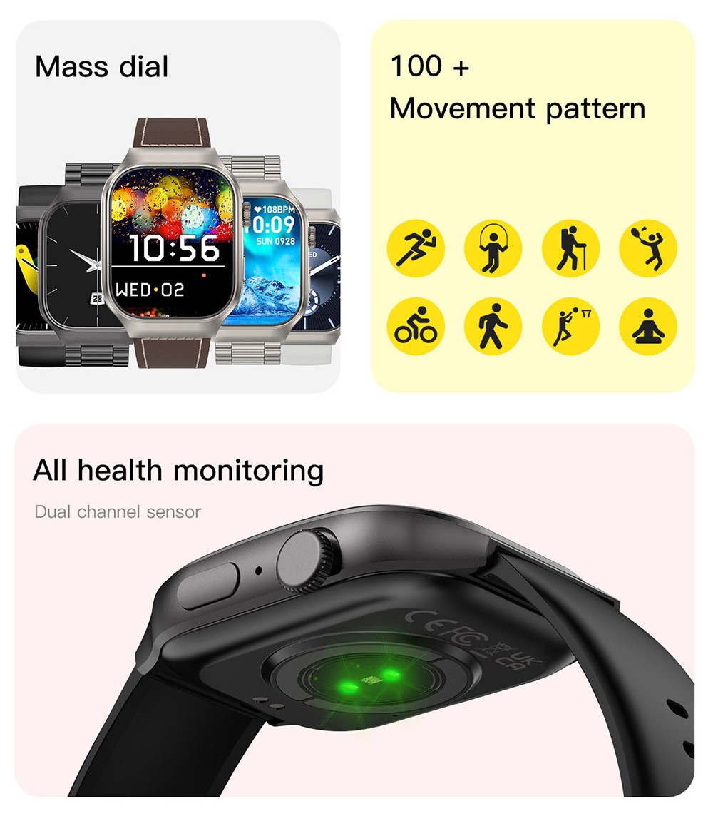 T15 Plus Smartwatch, 2.01-inch Curved Full Touch Screen, Bluetooth Calling, Health Monitoring, Al Voice Assistant, 100+ Sport Modes - Black Frame, Silicone Strap