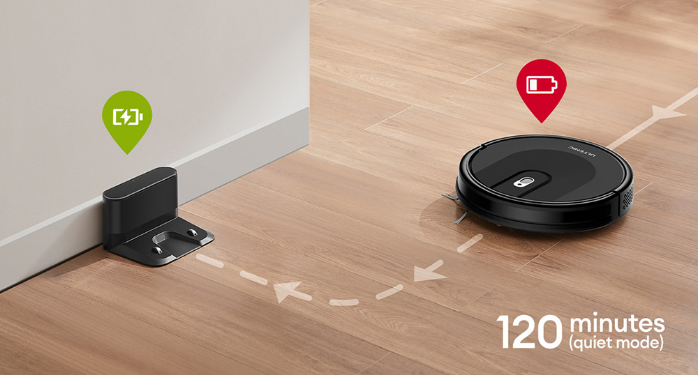 Aspirateur robot Ultenic D5, aspiration puissante de 3000 Pa, autonomie maximale de 120 min, 3 modes de nettoyage, fonction de suralimentation automatique pour tapis, recharge automatique, nettoyage programmé, télécommande, Alexa/Google Assistant, noir