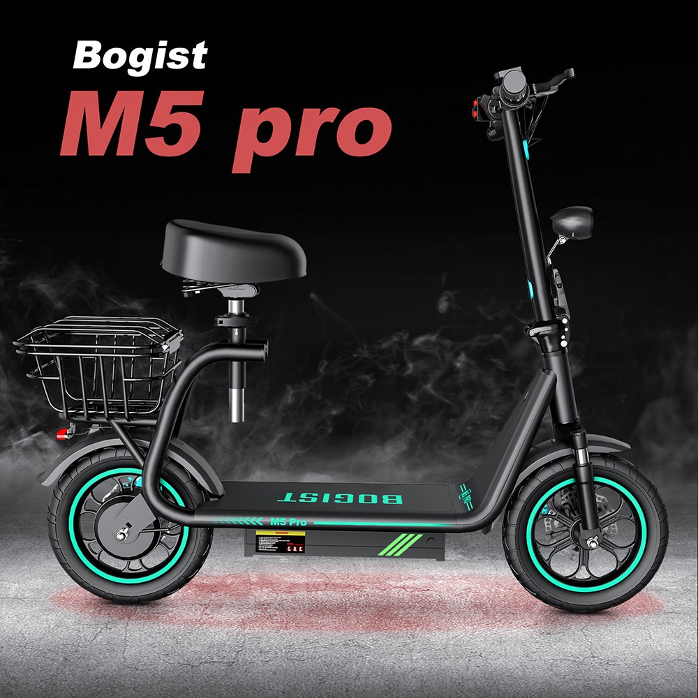 BOGIST M5 Pro Skladacia elektrická kolobežka 12-palcová pneumatická pneumatika 500W motor Maximálna rýchlosť 40Km/h 48V 15Ah batéria Inteligentná BMS kotúčová brzda 30km dlhý dojazd so sedadlom na dochádzanie a cestovanie - čierna