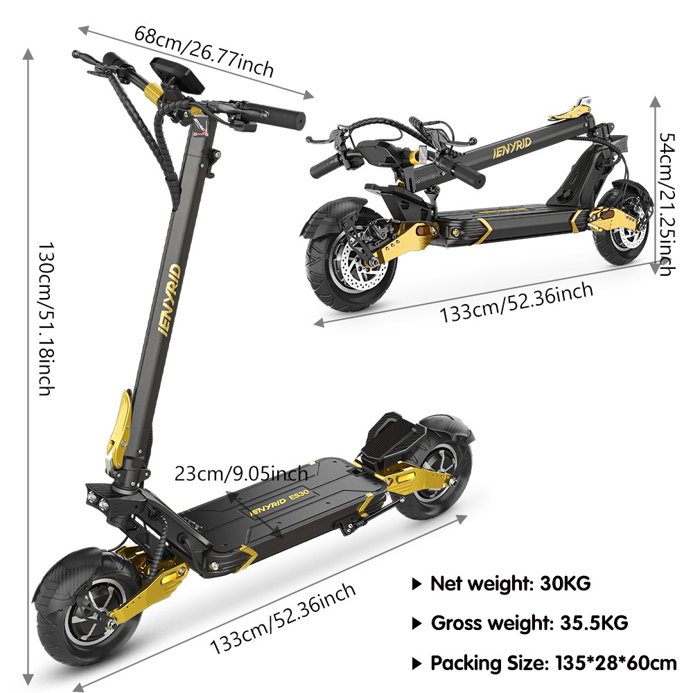 iENYRID ES30 Electric Scooter, 2*1200W motor, 52V 20Ah batéria, 10*3-palcové pneumatiky, max. rýchlosť 60 km/h, dojazd 70 km, predné a zadné kotúčové brzdy, predné a zadné odpruženie - Golden