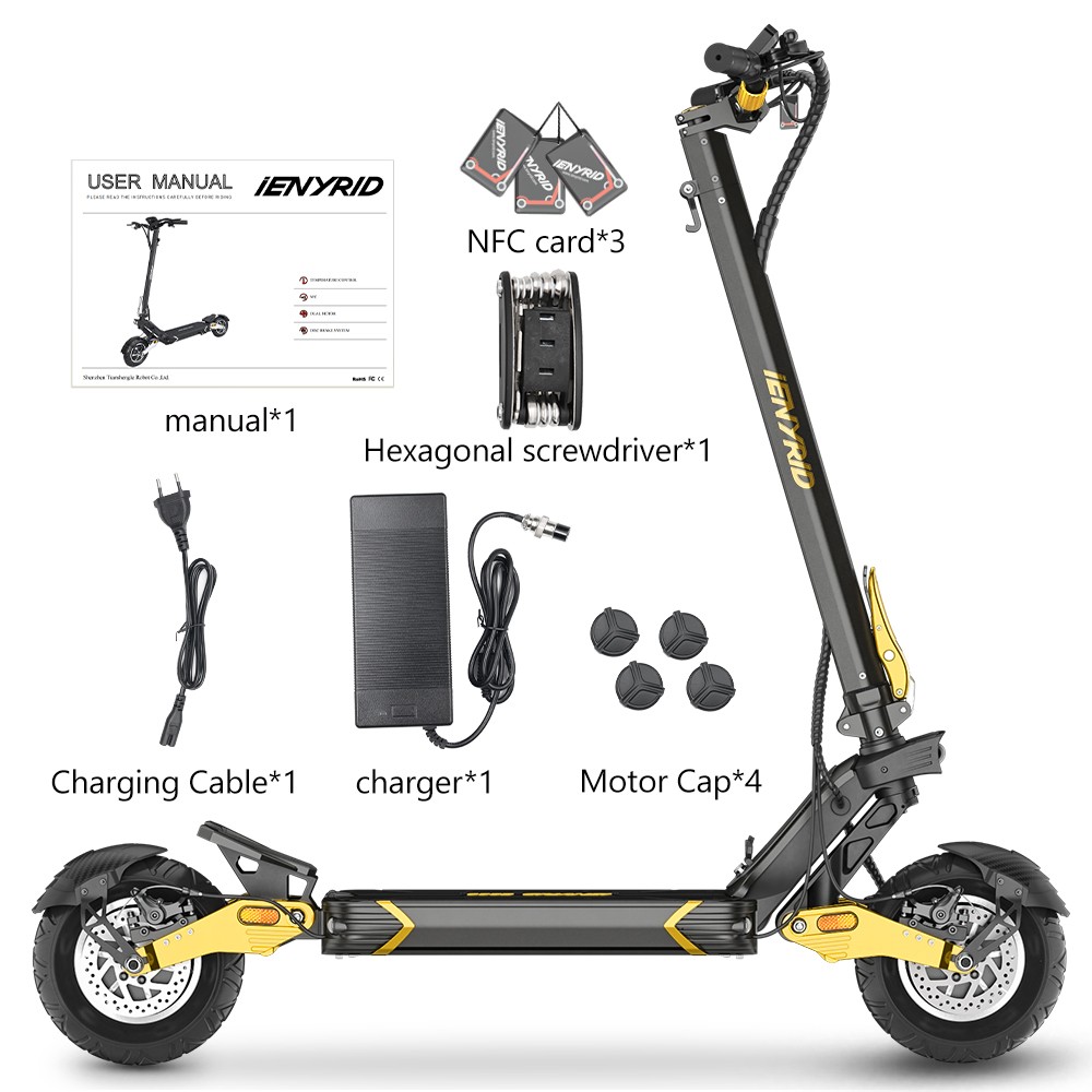 iENYRID ES30 Electric Scooter, 2*1200W motor, 52V 20Ah batéria, 10*3-palcové pneumatiky, max. rýchlosť 60 km/h, dojazd 70 km, predné a zadné kotúčové brzdy, predné a zadné odpruženie - Golden