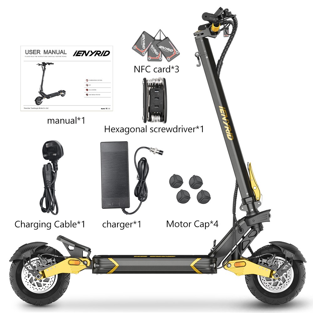 iENYRID ES30 Electric Scooter, 2*1200W motor, 52V 20Ah batéria, 10*3-palcové pneumatiky, max. rýchlosť 60 km/h, dojazd 70 km, predné a zadné kotúčové brzdy, predné a zadné odpruženie - Golden