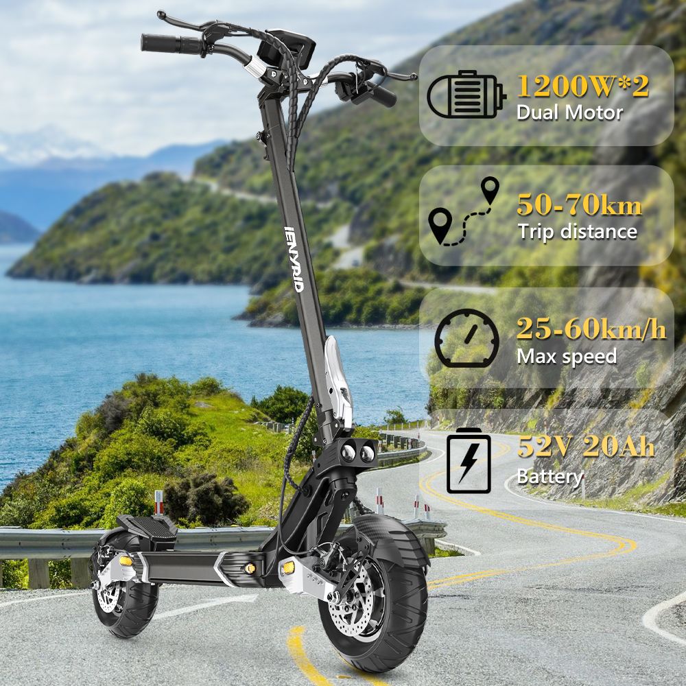 iENYRID ES30 Electric Scooter, 2*1200W motor, 52V 20Ah batéria, 10*3-palcové pneumatiky, max. rýchlosť 60 km/h, dojazd 70 km, predné a zadné kotúčové brzdy, predné a zadné odpruženie - Golden