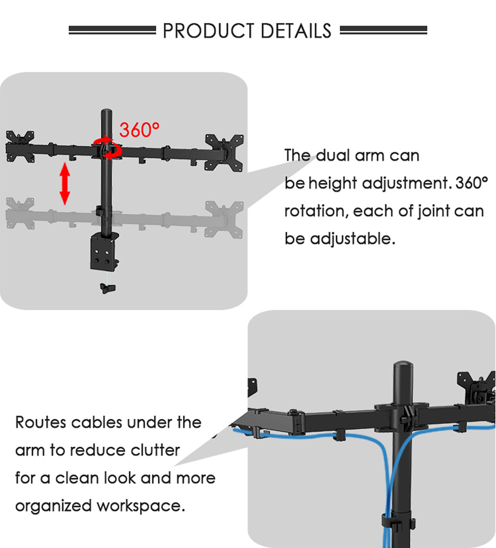 M052 Dual Arm Dual Monitor Stand for 13-27 inch Screens, 360&deg; Rotatable, &plusmn; 90&deg; Tilt, VESA 75x75/100x100mm, C-Clamp Installation