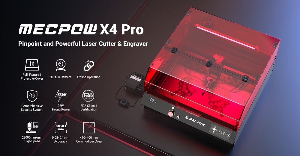 Mecpow X4 Pro 22W laserová gravírovacia fréza, s ochranným krytom &; integrovaným vzduchovým asistentom, 0.08x0.1 mm laserový bod, rýchlosť gravírovania 22 000 mm/min, núdzové zastavenie, práca offline, podpora LightBurn/ LaserGRBL/ MKSLaser, 410*400 mm