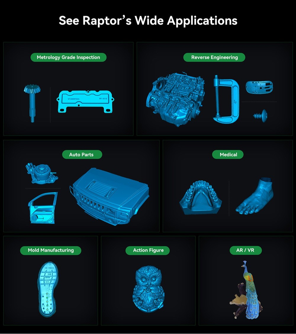 3D skener Creality Raptor, hybridný modrý laser NIR, rýchlosť skenovania 60 snímok za sekundu, objekty medzi 5-2000 mm, 24-bitové plnofarebné skenovanie, presnosť 0,02 mm, ochrana proti chveniu