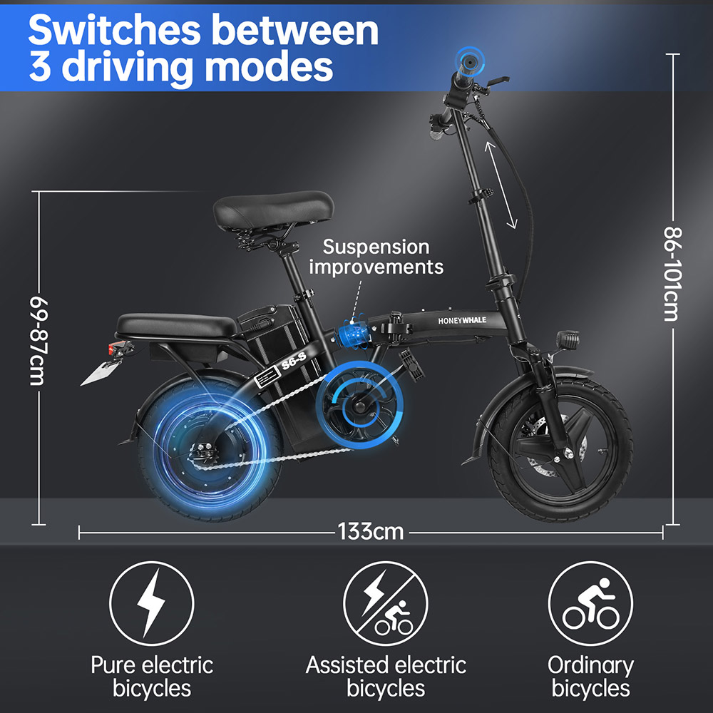 HONEYWHALE S6-S 14-palcový elektrický bicykel 350W bezkefový motor 48V 10.4Ah batéria Maximálna rýchlosť 35 km/h Dvojitá kotúčová brzda - čierna