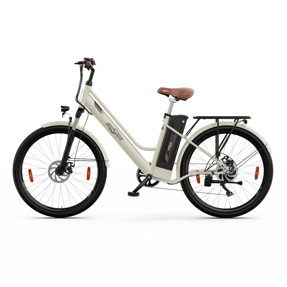 ONESPORT OT18 City Electric Bike, 26*2.35 inch wide Tires, 250W Motor 25km/h, 36V 14.4Ah Big Battery up to 100km Max Range,  Shimano 7-speed, Front Shock-absorbing fork, 25 Degree Climbing Bluetooth APP - White