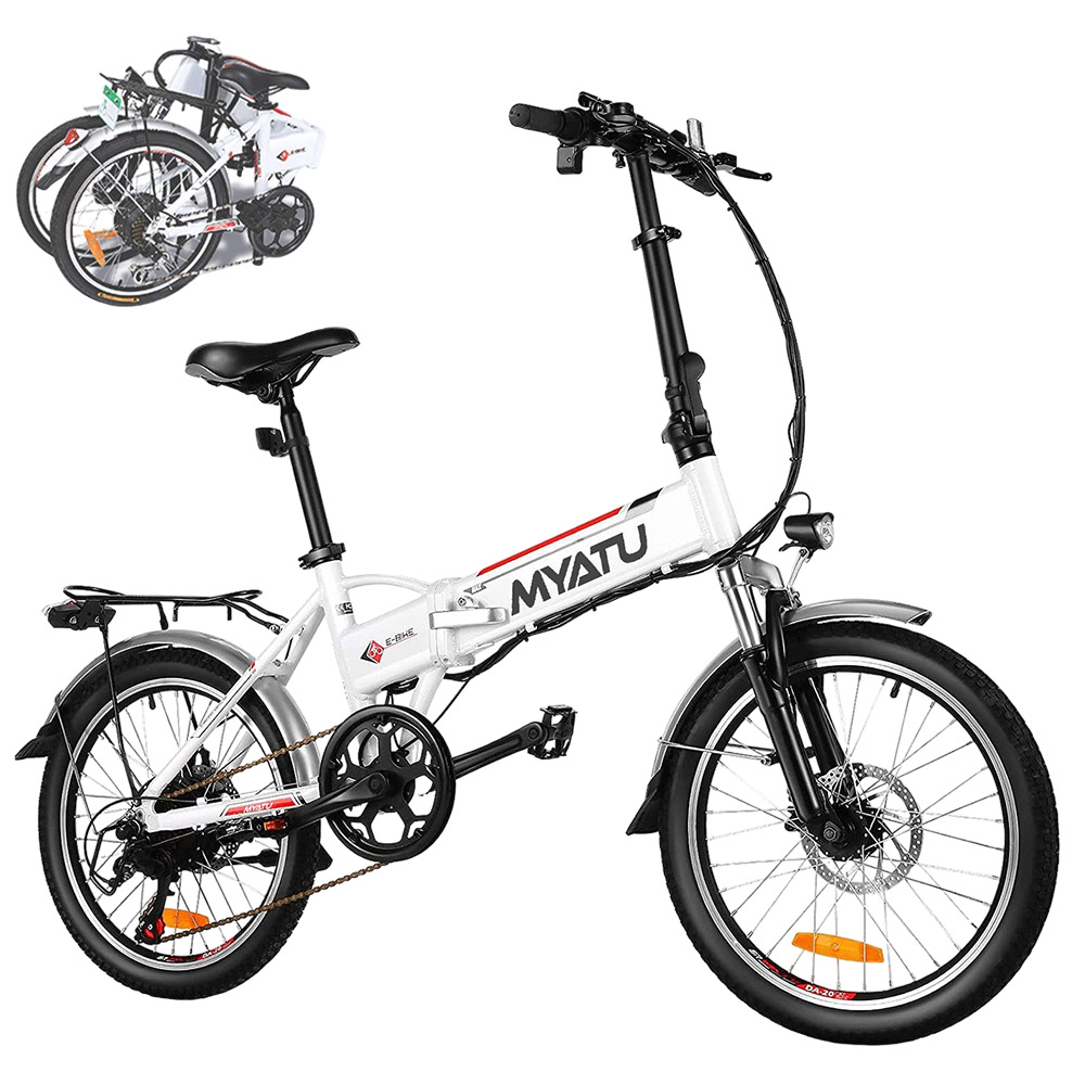 MYATU MYT-20 Electric Bike, 250W Motor, 36V 10.4Ah Battery, 20-inch Pneumatic Tire, 25km/h 30-33km Range Shimano 7 speeds Gear Dual Disc Brake LED Display - White