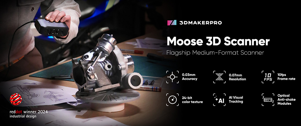 3D skener 3DMakerpro Moose, presnosť 0,03 mm, 0.07 mm rozlíšenie, zdroj svetla modrá LED, 24-bitová farebná kamera, Al vizuálne sledovanie, snímková frekvencia 10 snímok za sekundu, šošovky proti chveniu, kompatibilný s Windows/MacOS