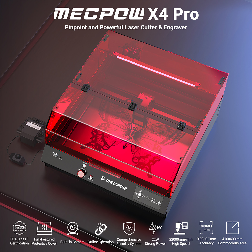 Mecpow X4 Pro 22W laserová gravírovacia fréza, s ochranným krytom & integrovaný vzduchový asistent, laserový bod 0,08x0,1 mm, rýchlosť gravírovania 22000 mm/min, núdzové zastavenie, práca offline, podpora LightBurn/ LaserGRBL/ MKSLaser, 410*400 mm