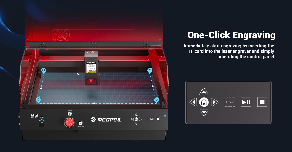 Mecpow X4 Pro 22W laserová gravírovacia fréza, s ochranným krytom &; integrovaným vzduchovým asistentom, 0,08x0.1 mm laserový bod, rýchlosť gravírovania 22 000 mm/min, núdzové zastavenie, práca offline, podpora LightBurn/ LaserGRBL/ MKSLaser, 410*400 mm