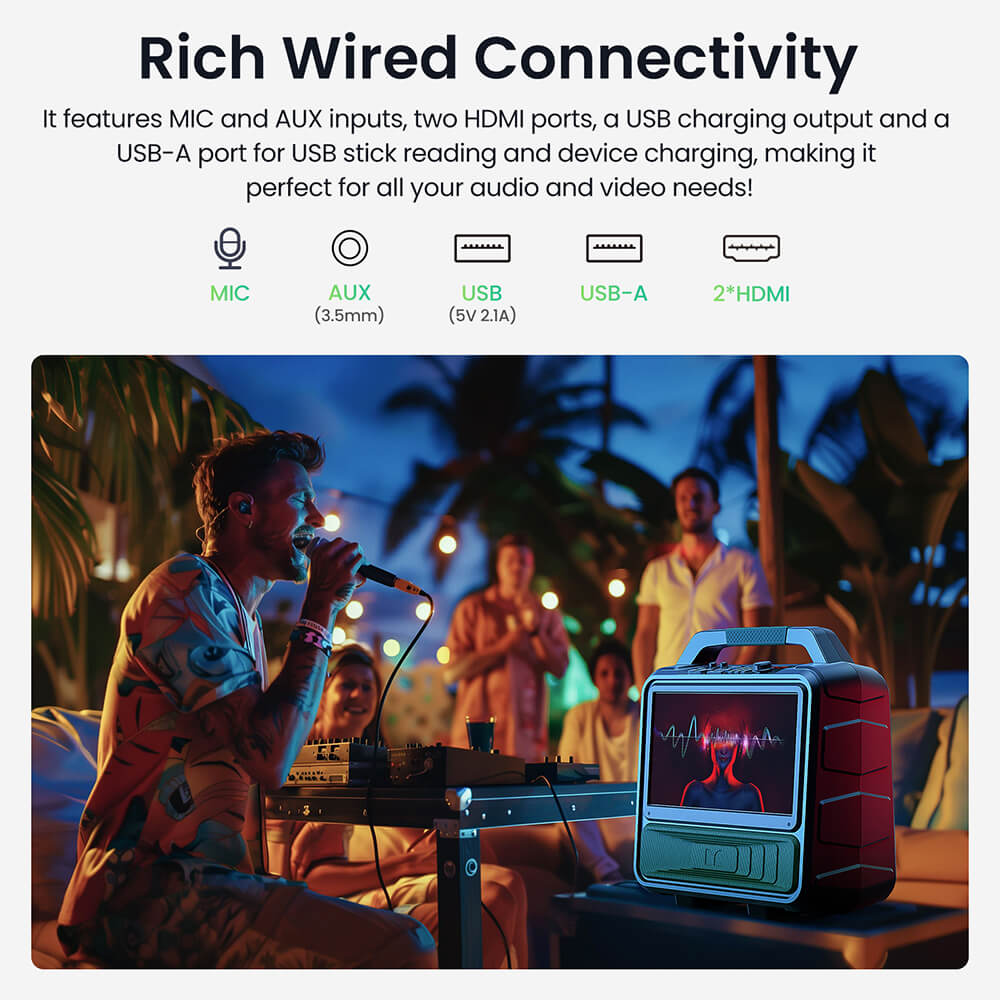 Enceinte Bluetooth Monster Vmay avec t&eacute;l&eacute;viseur LCD int&eacute;gr&eacute;, &eacute;cran Full HD 15,6 pouces, audio 60 W, 8 heures de lecture vid&eacute;o, 25 heures de lecture audio