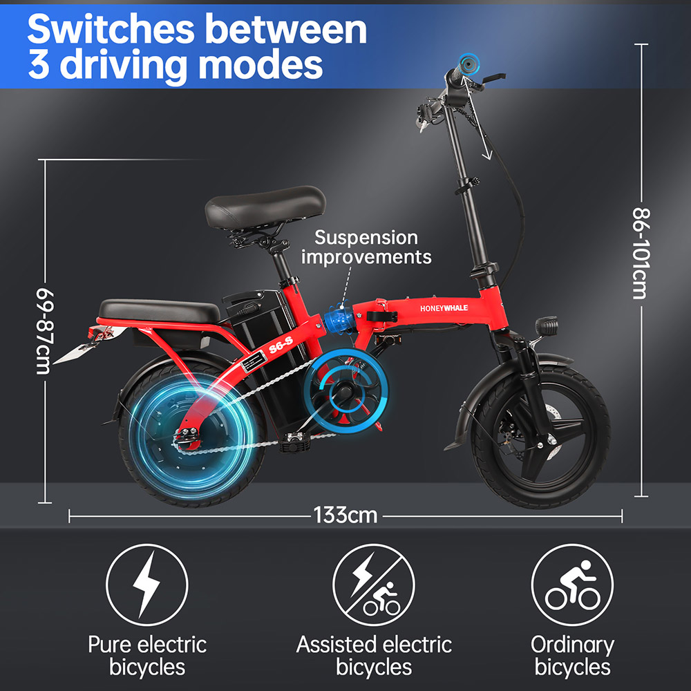 HONEYWHALE S6-S 14-palcový elektrický bicykel 350W bezkefový motor 48V 10.4Ah batéria Maximálna rýchlosť 35 km/h Dvojitá kotúčová brzda - červená