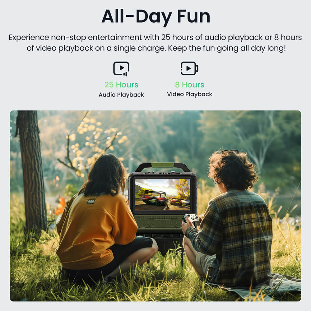 Enceinte Bluetooth Monster Vmay avec t&eacute;l&eacute;viseur LCD int&eacute;gr&eacute;, &eacute;cran Full HD 15,6 pouces, audio 60 W, 8 heures de lecture vid&eacute;o, 25 heures de lecture audio