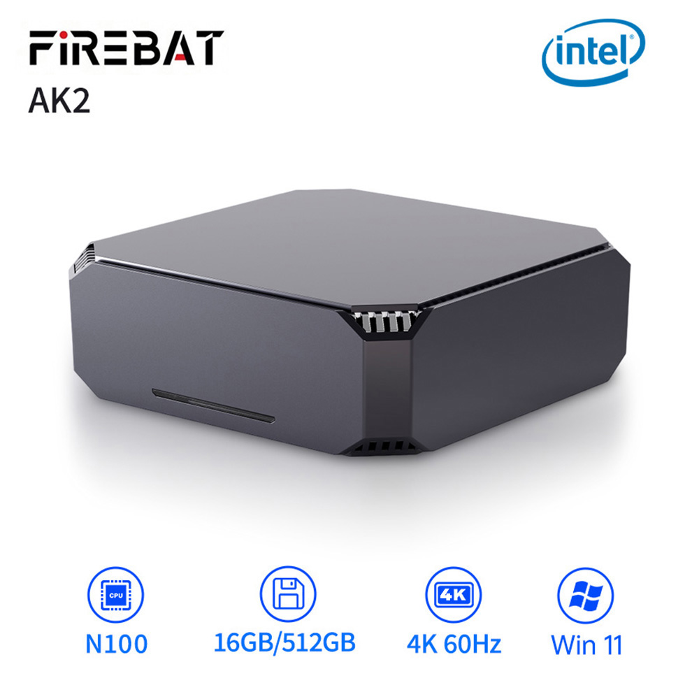 Mini PC FIREBAT AK2 Plus, Intel N100 de 4 núcleos a 3,4 GHz (máximo), 16 GB de RAM, SSD de 512 GB, 2 HDMI 2.0 4K 60 Hz, pantalla dual, WiFi 5, Bluetooth 4.2, 2 USB 3.2, 2 USB 2.0, 1 LAN, 1 audio, ventilador (enchufe de la UE).