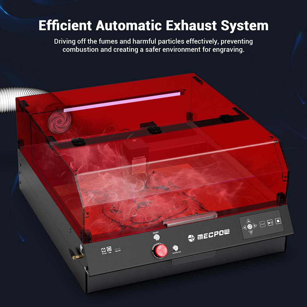 Mecpow X4 Pro 22W laserová gravírovacia fréza, s ochranným krytom & integrovaný vzduchový asistent, laserový bod 0,08x0,1 mm, rýchlosť gravírovania 22000 mm/min, núdzové zastavenie, práca offline, podpora LightBurn/ LaserGRBL/ MKSLaser, 410*400 mm