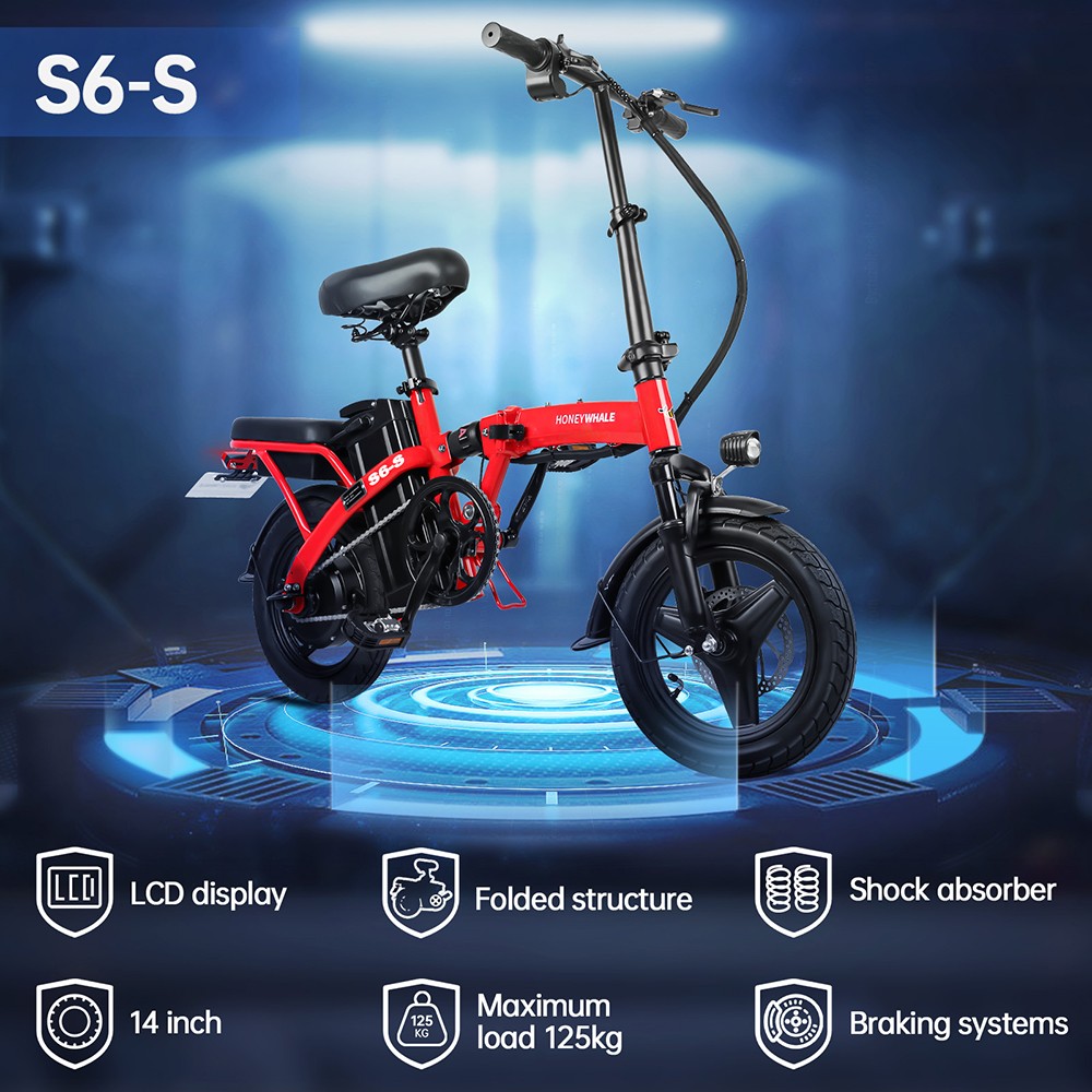 HONEYWHALE S6-S 14-palcový elektrický bicykel 350W bezkefový motor 48V 10.4Ah batéria Maximálna rýchlosť 35km/h Dvojitá kotúčová brzda - červená