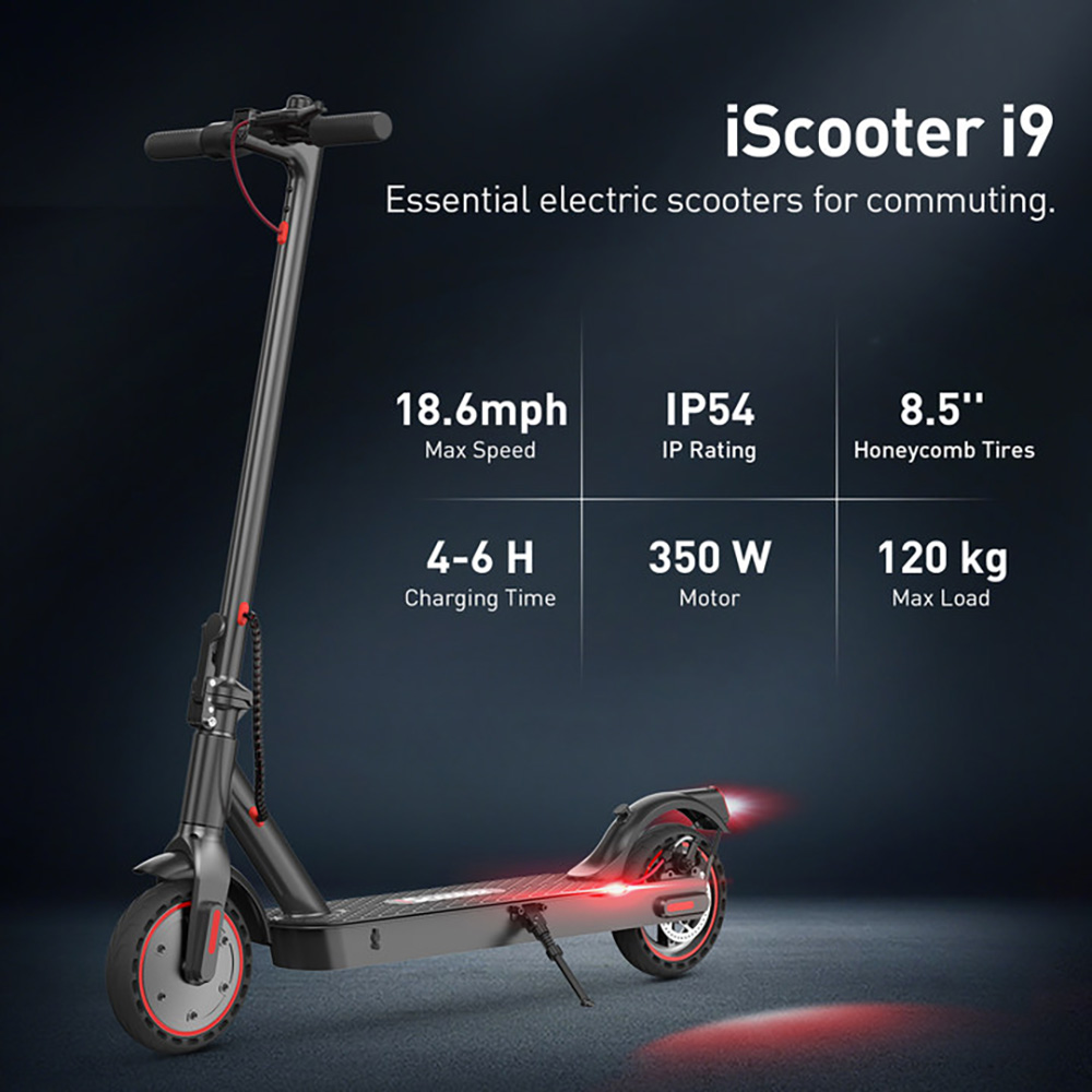 Trottinette &eacute;lectrique pliable iScooter i9, pneu en nid d'abeille de 8,5 pouces, moteur de 350 W, batterie de 7,5 Ah, vitesse maximale de 30 km/h, application IP54, &eacute;tanche - Noir