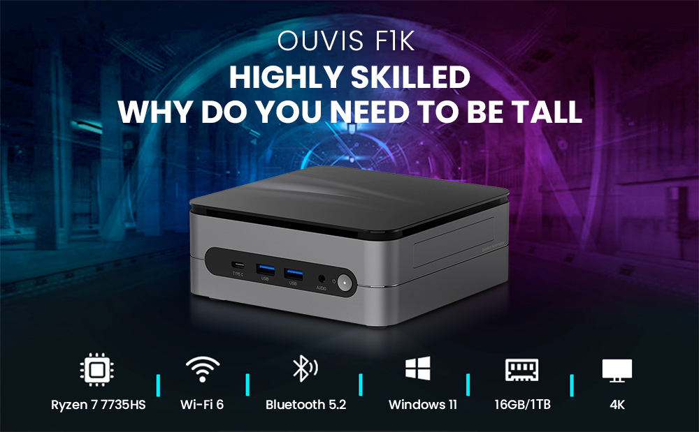 OUVIS F1K Mini PC, AMD Ryzen 7 7735HS 8 Cores Up to 4.75GHz, 16GB RAM 1TB SSD, 2*HDMI+1*Type-C 4K 60Hz Triple Display, WiFi 6 Bluetooth 5.2, 4*USB 3.2 1*RJ45 1*Audio - EU Plug