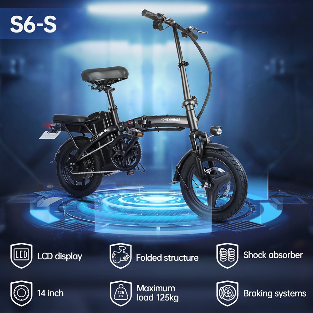 HONEYWHALE S6-S 14-palcový elektrický bicykel 350W bezkefový motor 48V 10.4Ah batéria Maximálna rýchlosť 35km/h Dvojitá kotúčová brzda - čierna