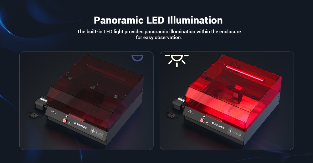 Mecpow X4 Pro 22W laserová gravírovacia fréza, s ochranným krytom & integrovaný vzduchový asistent, 0,08x0.1mm laserový bod, rýchlosť gravírovania 22000mm/min, núdzové zastavenie, práca offline, podpora LightBurn/ LaserGRBL/ MKSLaser, 410*400mm