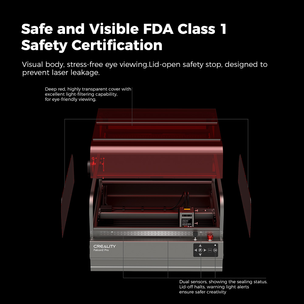 Laserový gravírovací stroj Creality Falcon2 Pro, s laserovým modulom 1,6 W, výkon lasera 60 W, úplne uzavretá & konštrukcia zásuvky, bezpečnostný doraz otvárania veka, vzduchový asistent, vstavaná kamera, maximálna rýchlosť 700 mm/min, 400*400 mm