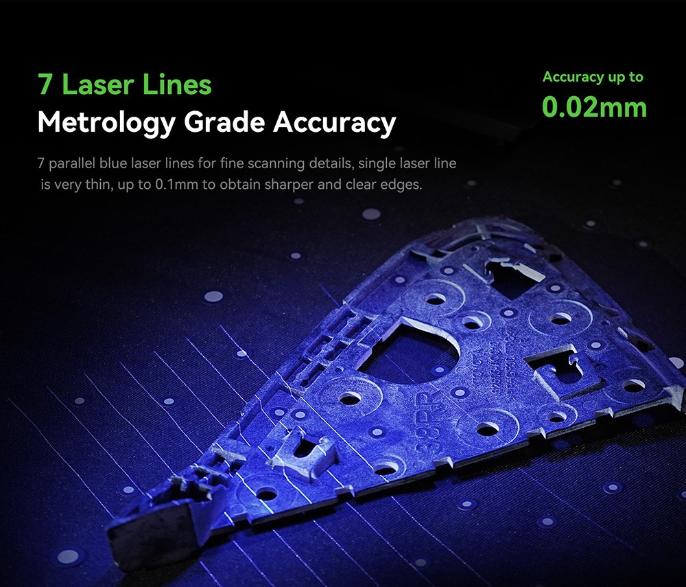 3D skener Creality Raptor, hybridný modrý laser NIR, rýchlosť skenovania 60 snímok za sekundu, objekty od 5 do 2000 mm, 24-bitové plnofarebné skenovanie, 0.02mm presnosť, ochrana proti chveniu