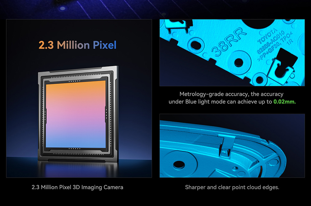 3D skener Creality Raptor, hybridný modrý laser NIR, rýchlosť skenovania 60 snímok za sekundu, objekty od 5 do 2000 mm, 24-bitové plnofarebné skenovanie, 0.02mm presnosť, ochrana proti chveniu