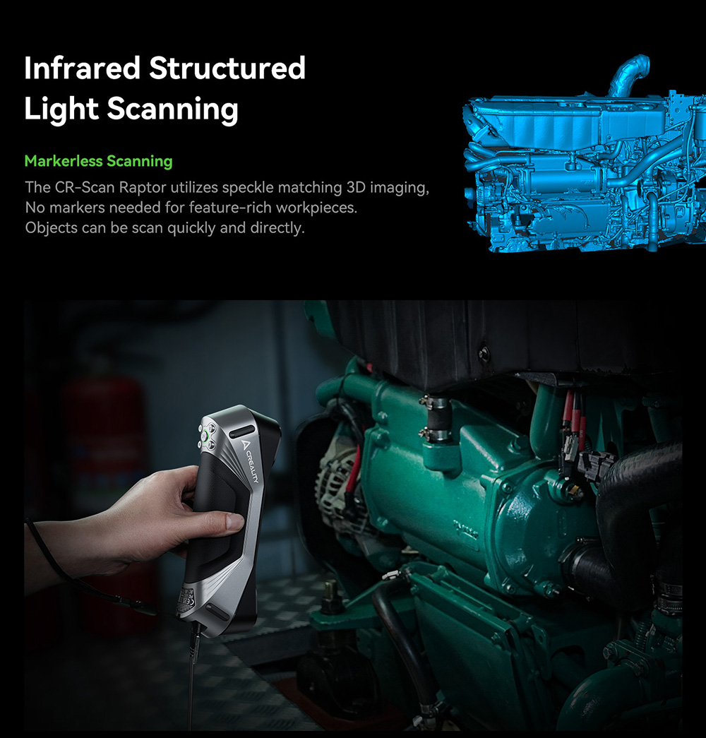 3D skener Creality Raptor, hybridný modrý laser NIR, rýchlosť skenovania 60 snímok za sekundu, objekty od 5 do 2000 mm, 24-bitové plnofarebné skenovanie, 0.02mm presnosť, ochrana proti chveniu