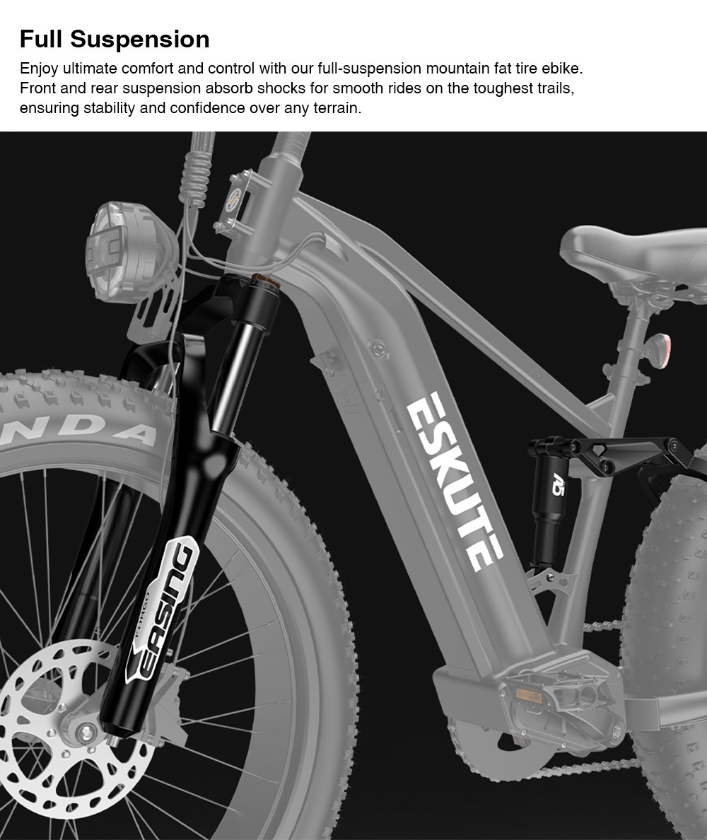 ESKUTE ES-26-RWXD Elektrobicykel, 750W motor, 48V 20Ah batéria, 26 x 4.8'' pneumatiky, max. rýchlosť 45km/h, dojazd 110km, plné odpruženie, 7 rýchlostí SHIMANO, hydraulické kotúčové brzdy - béžová