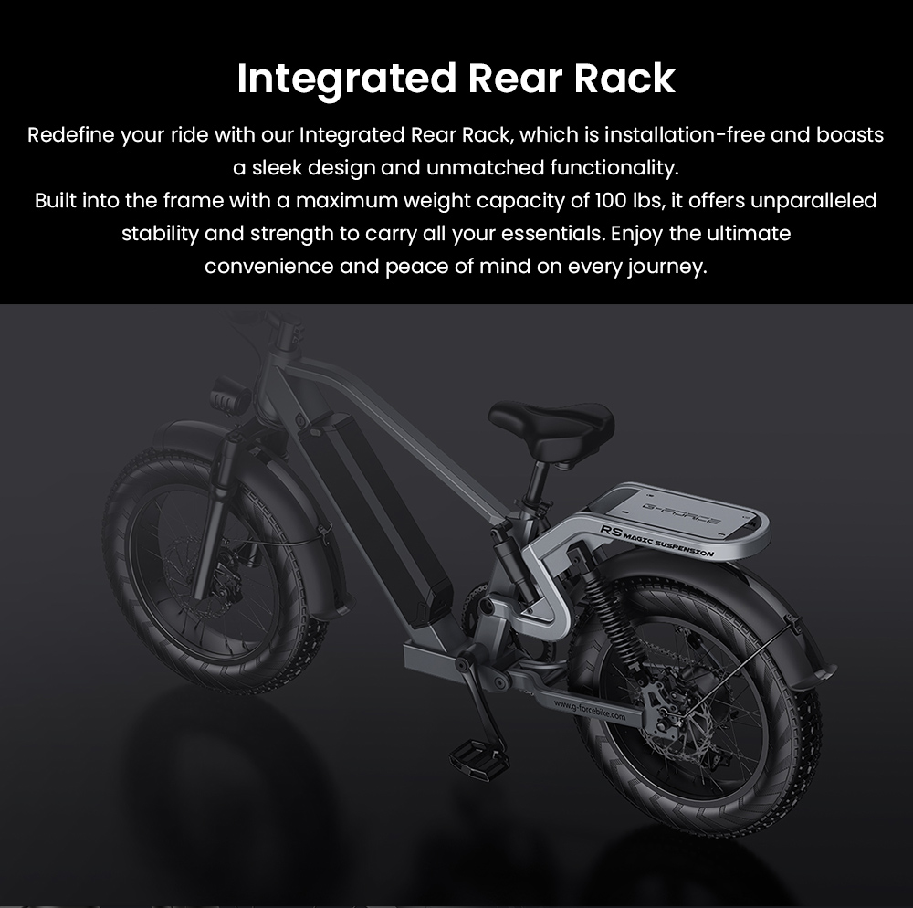 Elektrobicykel G-FORCE RS, 750W motor, 48V 15.6Ah batéria, 20*4-palcové tukové pneumatiky, max. rýchlosť 50 km/h, max. dojazd 96 km, 7-rýchlostná prevodovka Shimano, hydraulické kotúčové brzdy, systém zadného odpruženia, nastaviteľná predná vidlica - sivá