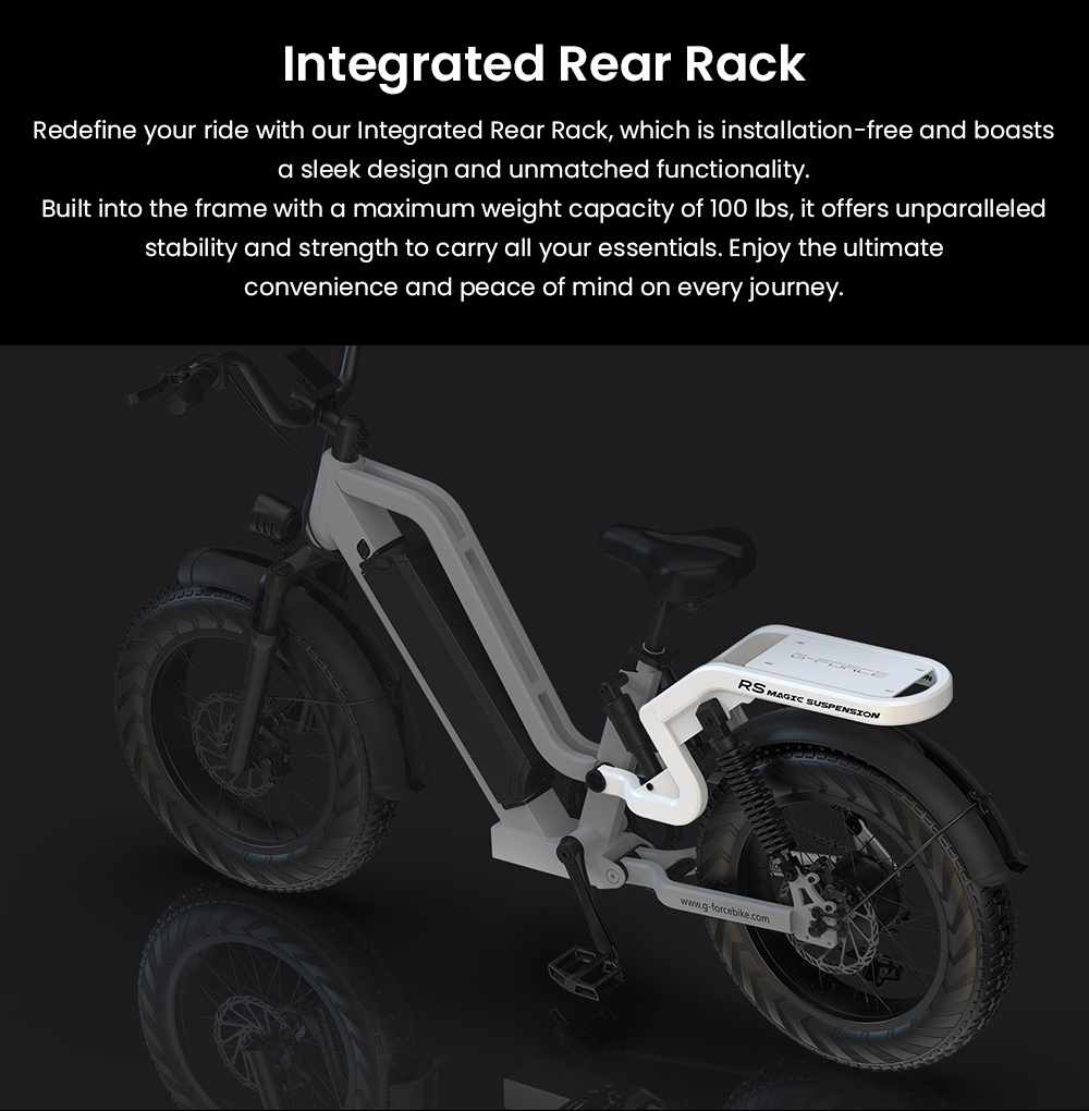 G-FORCE RS ST Elektrobicykel, 750W motor, 48V 15.6Ah batéria, 20*4-palcové tukové pneumatiky, max. rýchlosť 50 km/h, max. dojazd 96 km, 7-rýchlostná prevodovka Shimano, hydraulické kotúčové brzdy, systém zadného odpruženia, nastaviteľná predná vidlica - biely