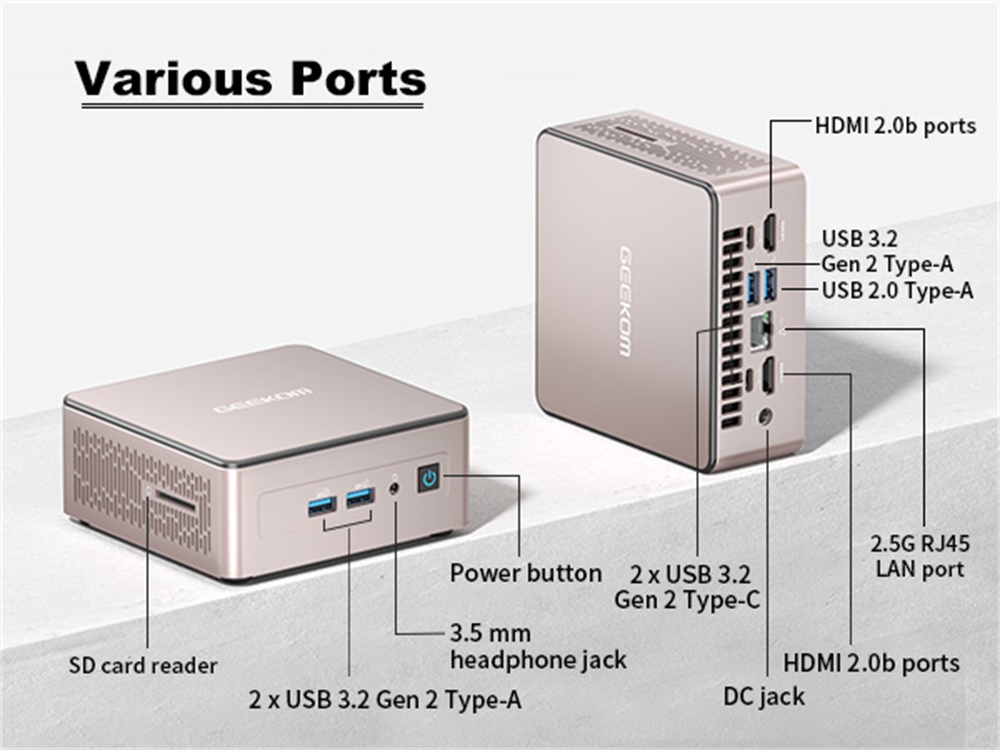 GEEKOM A5 Mini PC, AMD Ryzen 7 5825U 8 jadier max. 4,5 GHz, 32 GB RAM 512 GB SSD, 2*HDMI2.0 (4K) + 2*USB3.2 Gen 2 Type-C (8K) Displej so štyrmi obrazovkami, WiFi 6 Bluetooth 5.2, 3*USB3.2 Type-A 1*USB2.0 Type-A 1*Headphone Jack 1*RJ45 1*Čítačka kariet SD