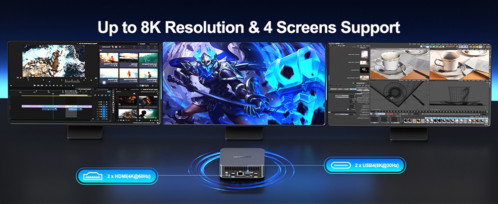 GEEKOM GT13 Pro Mini PC, Intel Core i7-13620H 10 Core Max 4.9GHz, 32GB RAM 1TB SSD, 2*USB 4 Type-C (8K@30Hz)+2*HDMI 2.0 (4K@60Hz) Displej so štyrmi obrazovkami, WiFi 6E Bluetooth 5.2, 3*USB 3.2 1*USB 2.0 1*RJ45 1*Čítačka kariet SD 1*3.5 mm audio jack