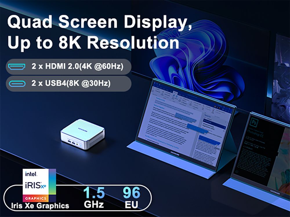 GEEKOM XT12 Pro Mini PC, Intel Core i7-12650H 10 jadier Max. 4.7GHz, 32GB RAM 1TB SSD, WiFi 6E Bluetooth 5.2, 2*USB 4 Type-C (8K)+2*HDMI 2.0 (4K) Quad Display, 3*USB 3.2 1*USB 2.0 1*2,5G LAN 1*3.5 mm konektor pre slúchadlá 1*čítačka kariet SD