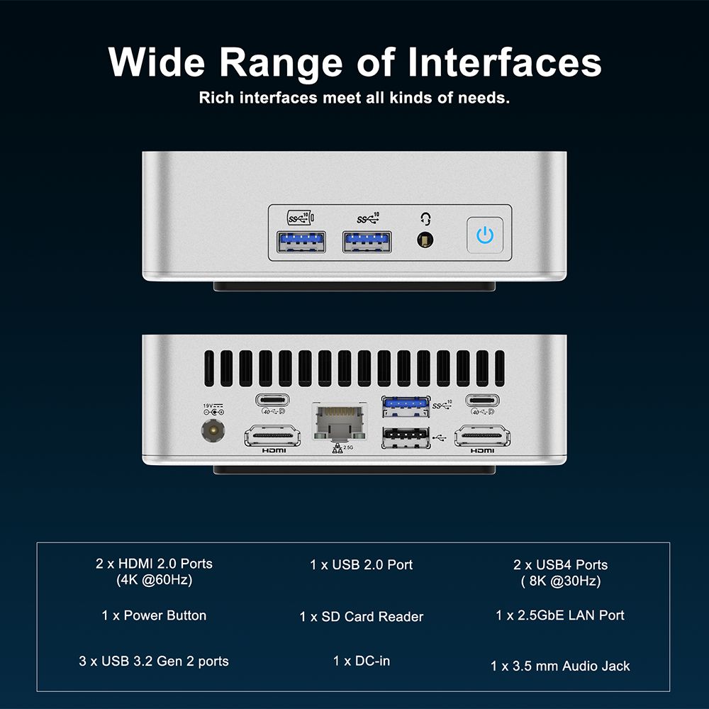 GEEKOM XT12 Pro Mini PC, Intel Core i7-12650H 10 jadier max. 4,7 GHz, 32 GB RAM 1 TB SSD, WiFi 6E Bluetooth 5.2, 2*USB 4 Type-C (8K)+2*HDMI 2.0 (4K) Quad Display, 3*USB 3.2 1*USB 2.0 1*2,5G LAN 1*3.5 mm konektor pre slúchadlá 1*čítačka kariet SD