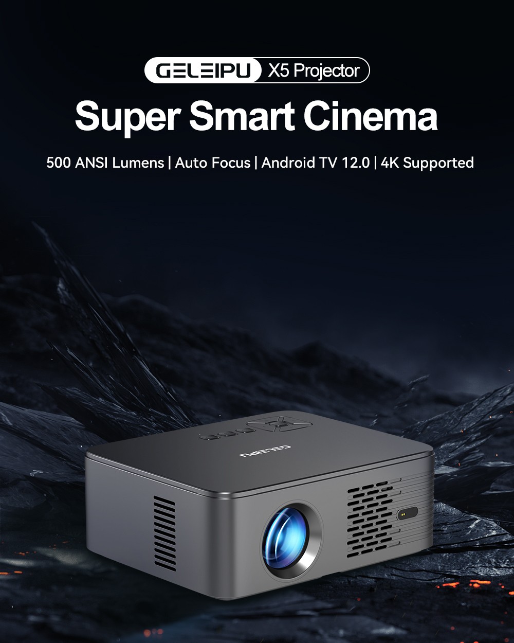 Projektor GELEIPU X5, 500 ANSI, natívne 1080P, podpora 4K, Android 12, automatické zaostrovanie, 2.4G+5G WiFi, Bluetooth 5.0, 5W*2 stereo reproduktory - zástrčka EÚ