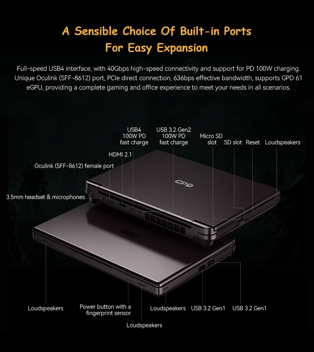 GPD WIN Max 2 2024 Handheld Gaming PC, AMD Ryzen 7 8840U, 10.1'' 2560*1600 Screen, 64GB RAM 2TB SSD, 4G LTE, Fingerprint Sensor Power Button, WiFi6, 1*USB4 1*USB3.2 Type-C  1*USB3.2 Type-A 1*Oculink 1*MicroSD Slot 1*SD Slot 1*HDMI2.1 - US Plug