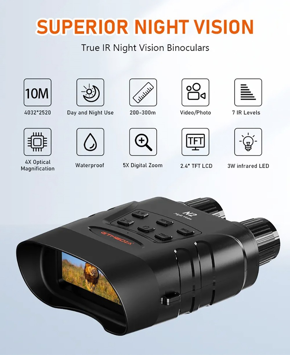 GTMEDIA N2 Binokulare Nachtsichtbrille, 32G Speicherkarte, 5-facher Zoom, 2,31-Zoll-HD-Bildschirm