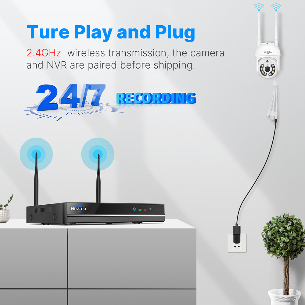 Hiseeu Security Camera System, 10CH NVR, 5MP HD Video, 2.4GHz WiFi, obojsmerný zvuk, detekcia pohybu, farebné nočné videnie, otáčanie 355 stupňov, náklon 90 stupňov, vodotesnosť IP66