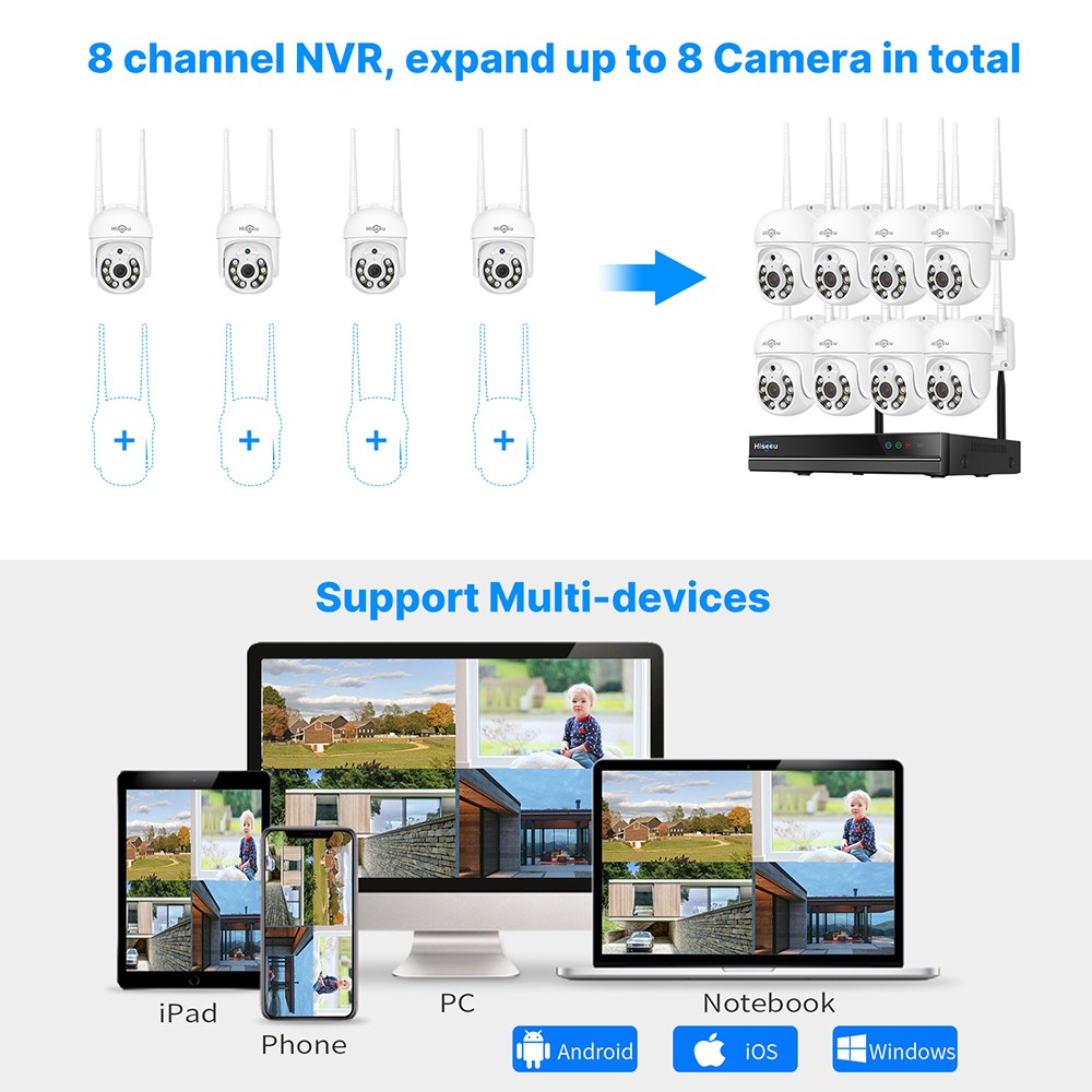 Hiseeu Security Camera System, 10CH NVR, 5MP HD Video, 2.4GHz WiFi, obojsmerný zvuk, detekcia pohybu, farebné nočné videnie, otáčanie 355 stupňov, náklon 90 stupňov, vodotesnosť IP66