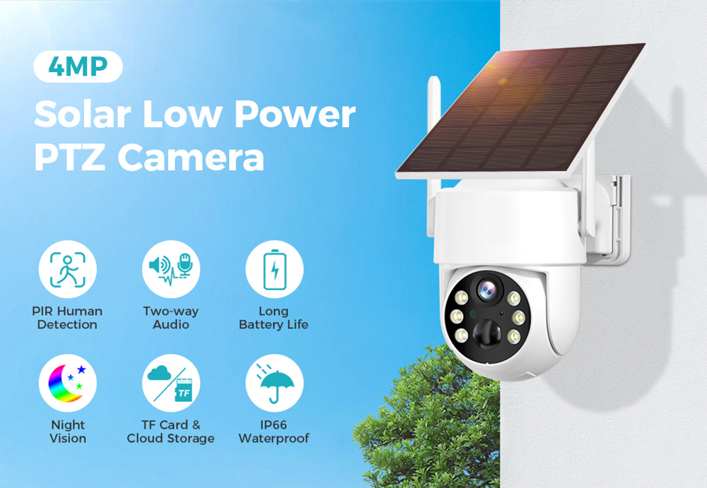 Hiseeu Wireless Solar Security Camera, 4MP Resolution, PIR Motion Detection, Color Night Vision, Two-Way Audio, 2.4GHz WiFi, Pan 355&deg; & Tilt 90&deg;, IP66 Waterproof