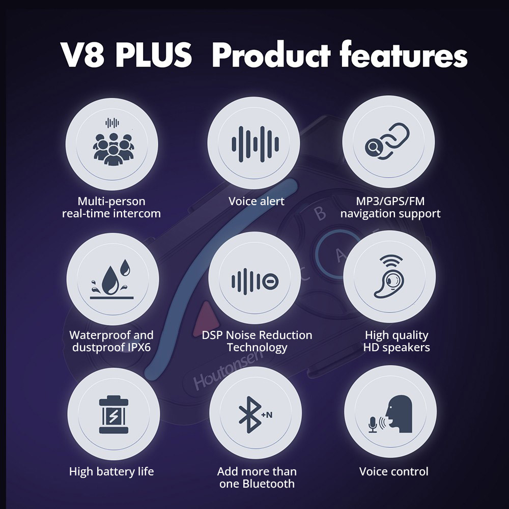 Houtonsen V8 Plus Motorcycle Helmet Headset, 1000M 2-Person Intercom, 30h Working Time, Noise Reduction, MP3/GPS/FM Navigation Support, AI Voice Assistant, IPX67 Waterproof, Bluetooth 5.2 - 2Pcs Pack