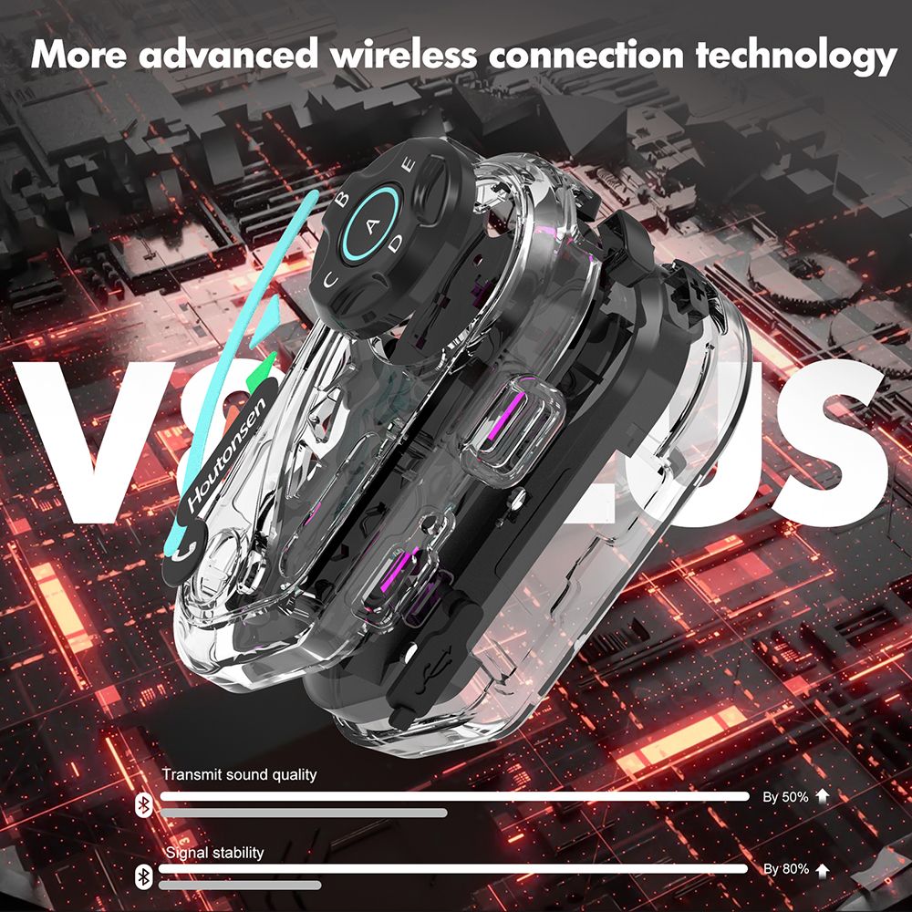 Houtonsen V8 Plus Motorcycle Helmet Headset, 1000M 2-Person Intercom, 30h Working Time, Noise Reduction, MP3/GPS/FM Navigation Support, AI Voice Assistant, IPX67 Waterproof, Bluetooth 5.2 - 2Pcs Pack