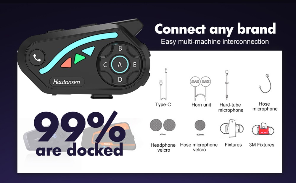 Houtonsen V8 Plus Motorcycle Helmet Headset, 1000M 2-Person Intercom, 30h Working Time, Noise Reduction, MP3/GPS/FM Navigation Support, AI Voice Assistant, IPX67 Waterproof, Bluetooth 5.2 - 2Pcs Pack